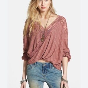 Vintage Free People 'Valley City' Mesh Panel Rose Surplice Top